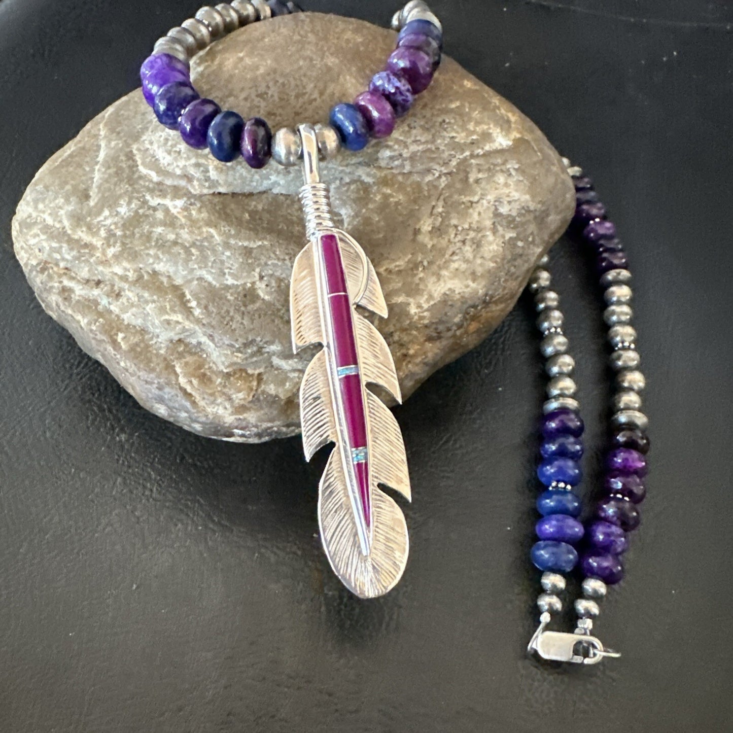 Feather Purple Stone Opal Pendant Sterling Silver Necklace 21” 18671