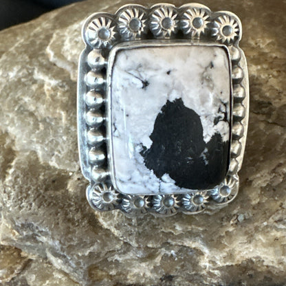 White Buffalo Turquoise Navajo Sterling Silver Ring Size 8 18775