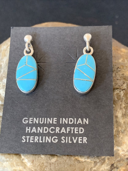 Navajo Blue Turquoise Sterling Silver Dangle Post Inlay Earrings 0.7" 12719