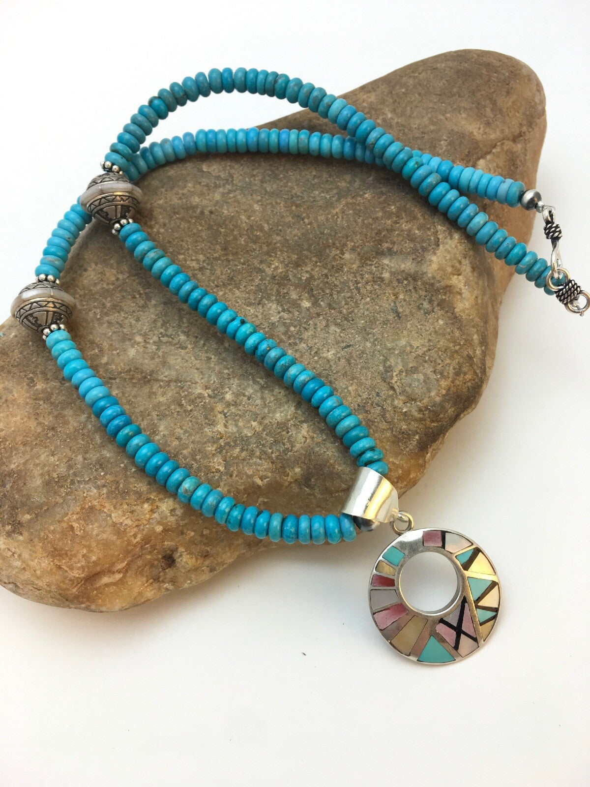Blue Turquoise Mother Of Pearl Inlay Pendant Sterling Silver Necklace 08902