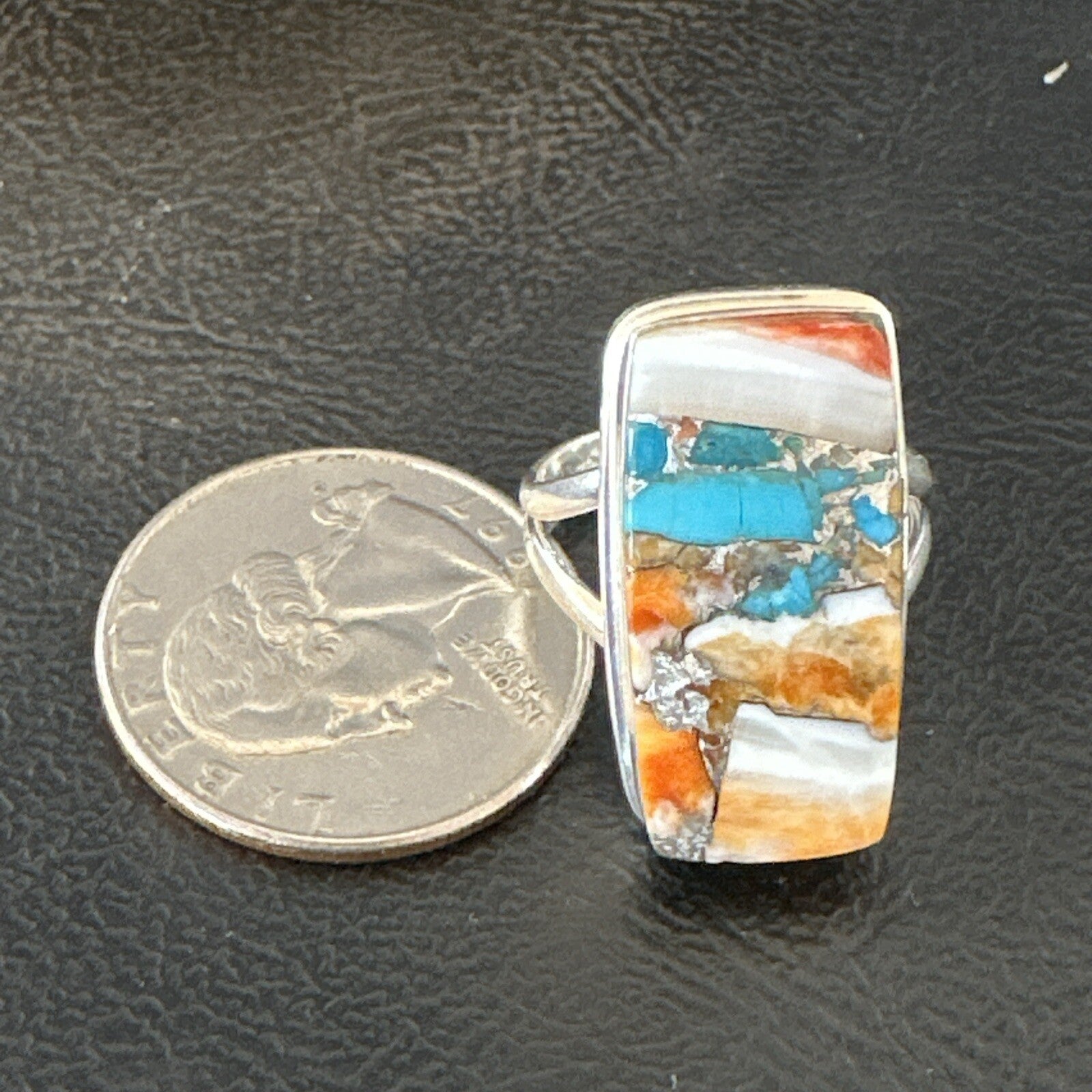 Blue Turquoise Spiny Oyster Navajo Sterling Silver Ring Size 7 18225