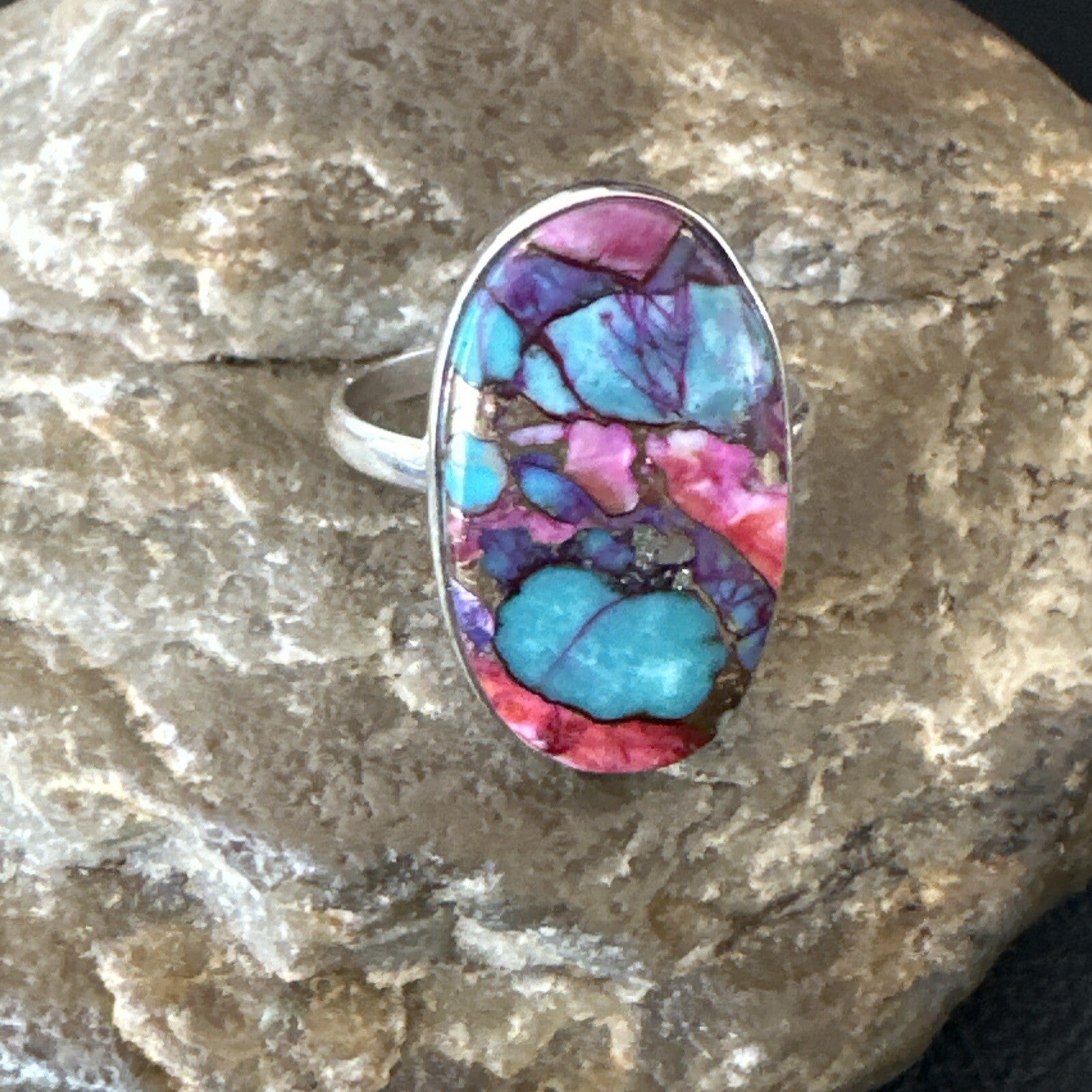 Blue Turquoise Spiny Oyster Southwestern Sterling Silver Ring Size 11 18450