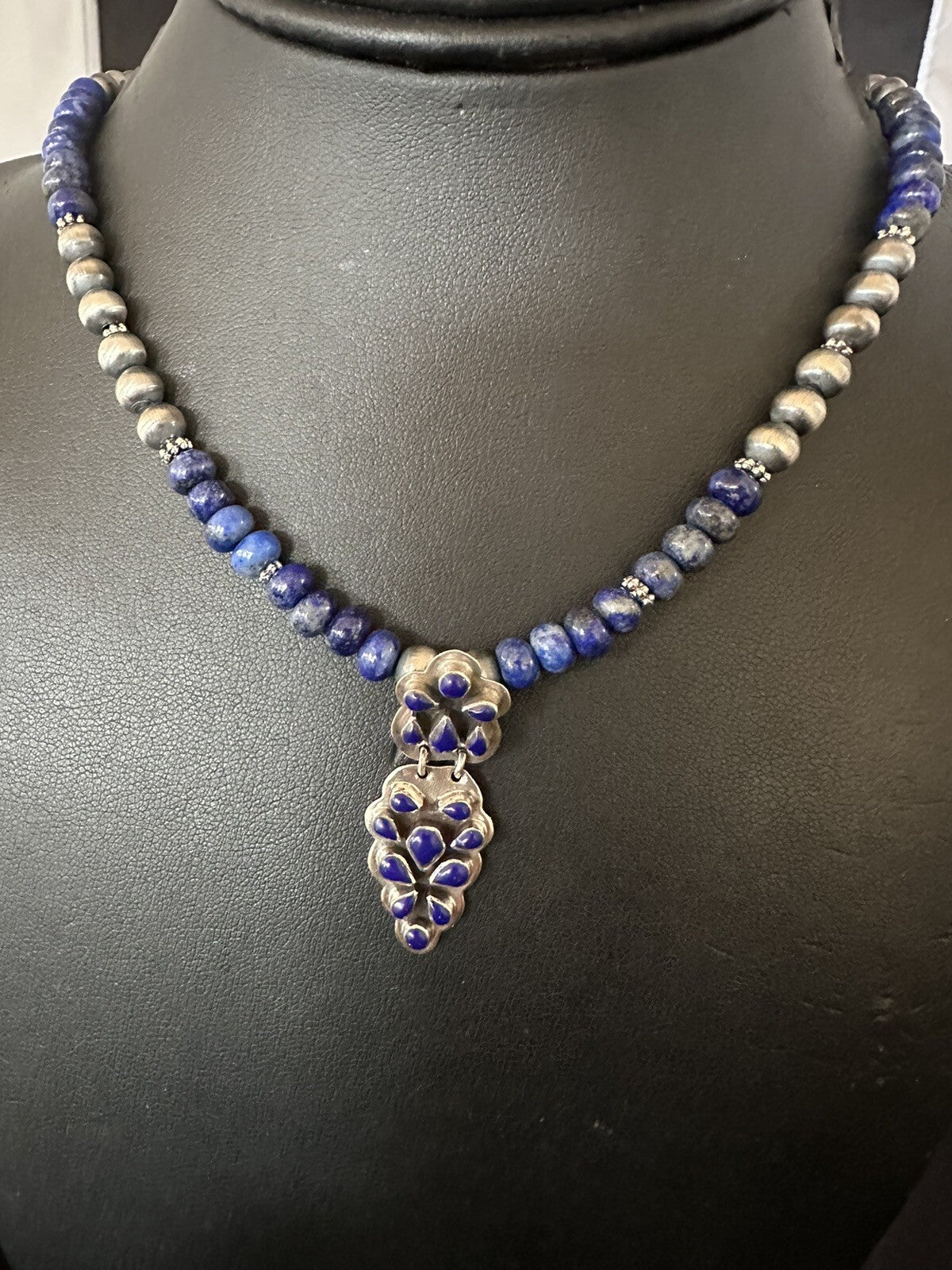Mens Womens Blue Lapis Navajo Sterling Silver Cluster Pendant Necklace 21”18340