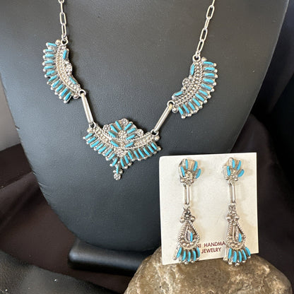 ZUNI Blue Turquoise Sterling Silver Beads Needlepoint Necklace Earrings 18595