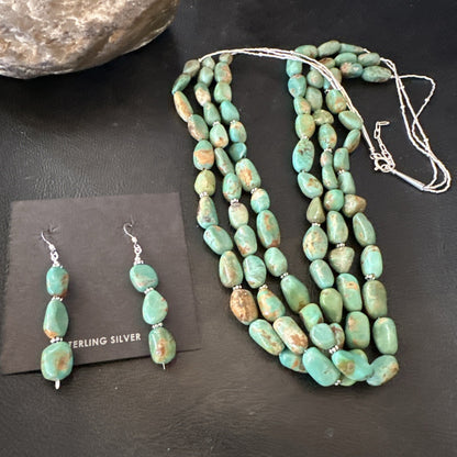 Green Turquoise Heishi 3S Navajo Sterling Silver 22" Necklace Earrings 18568