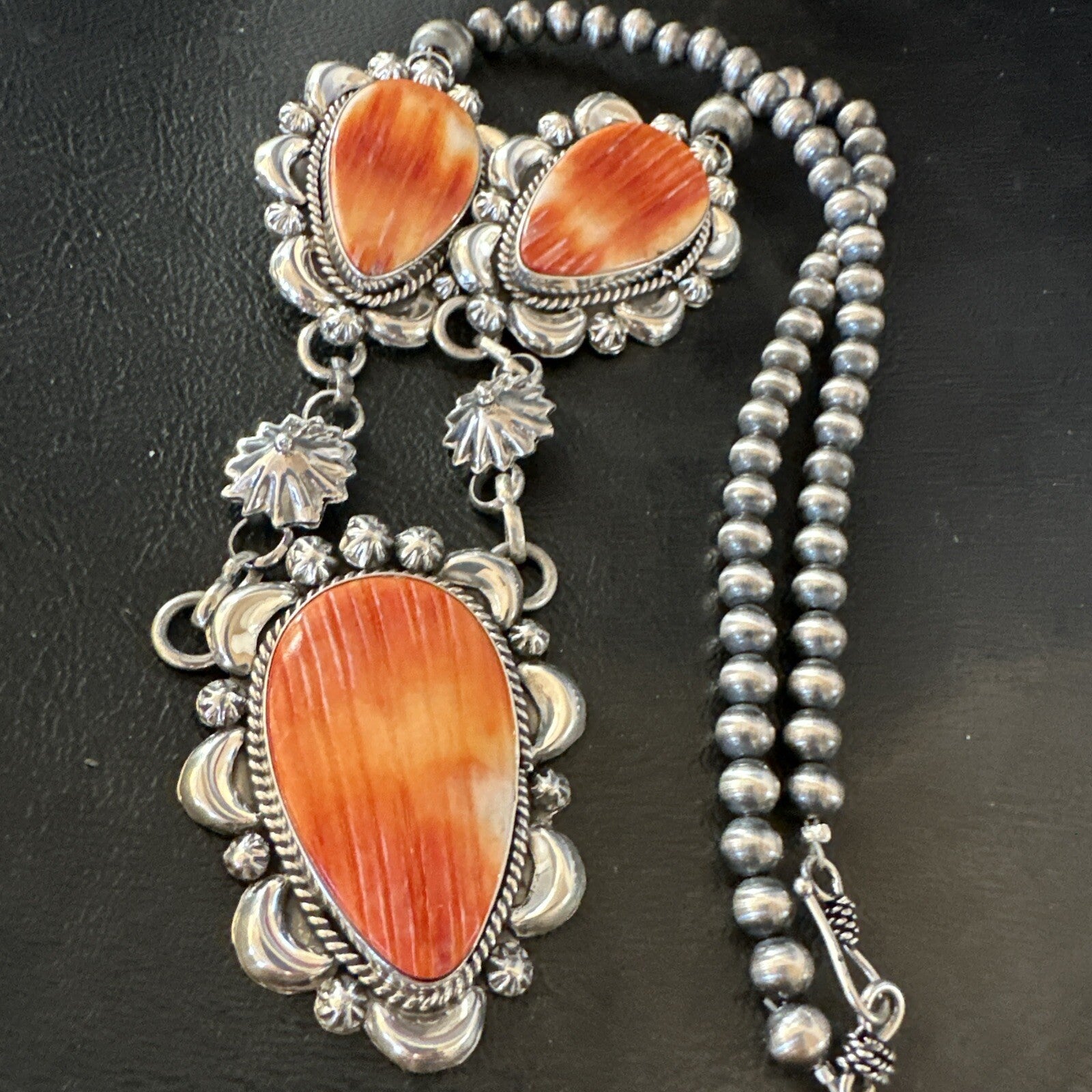 Orange Spiny Oyster Pendant Navajo Sterling Silver Lariat Necklace 21" 18627
