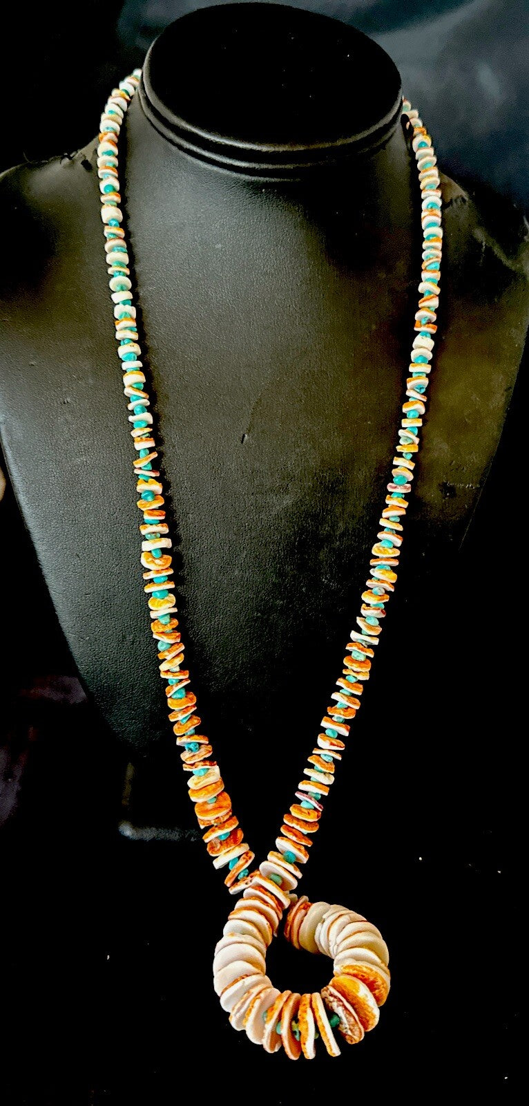 Blue Turquoise Orange Spiny Oyster Santo Domingo Necklace 30” 17754