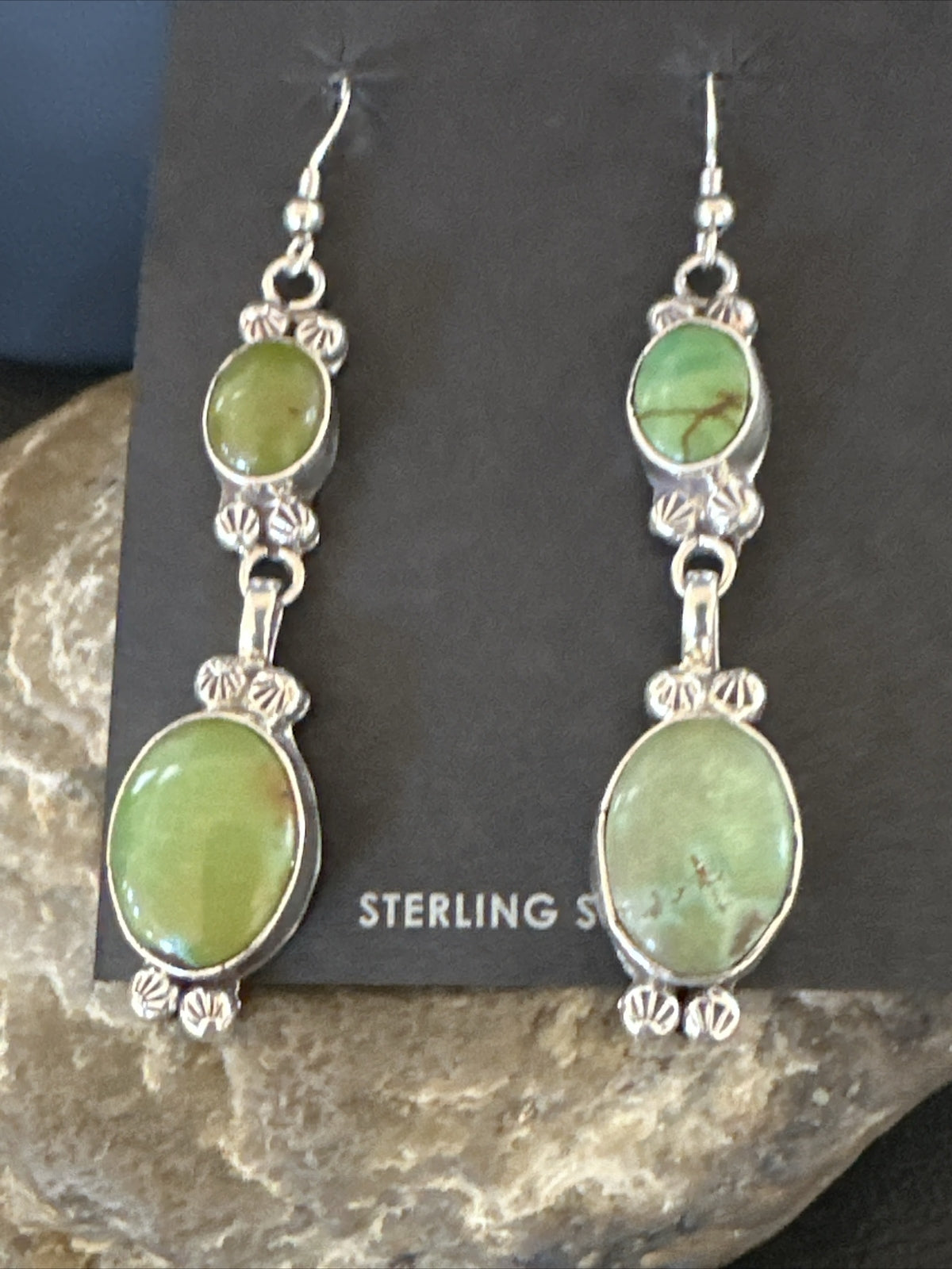 Native Navajo Green Turquoise Sterling Silver Dangle Earrings 2” 17698