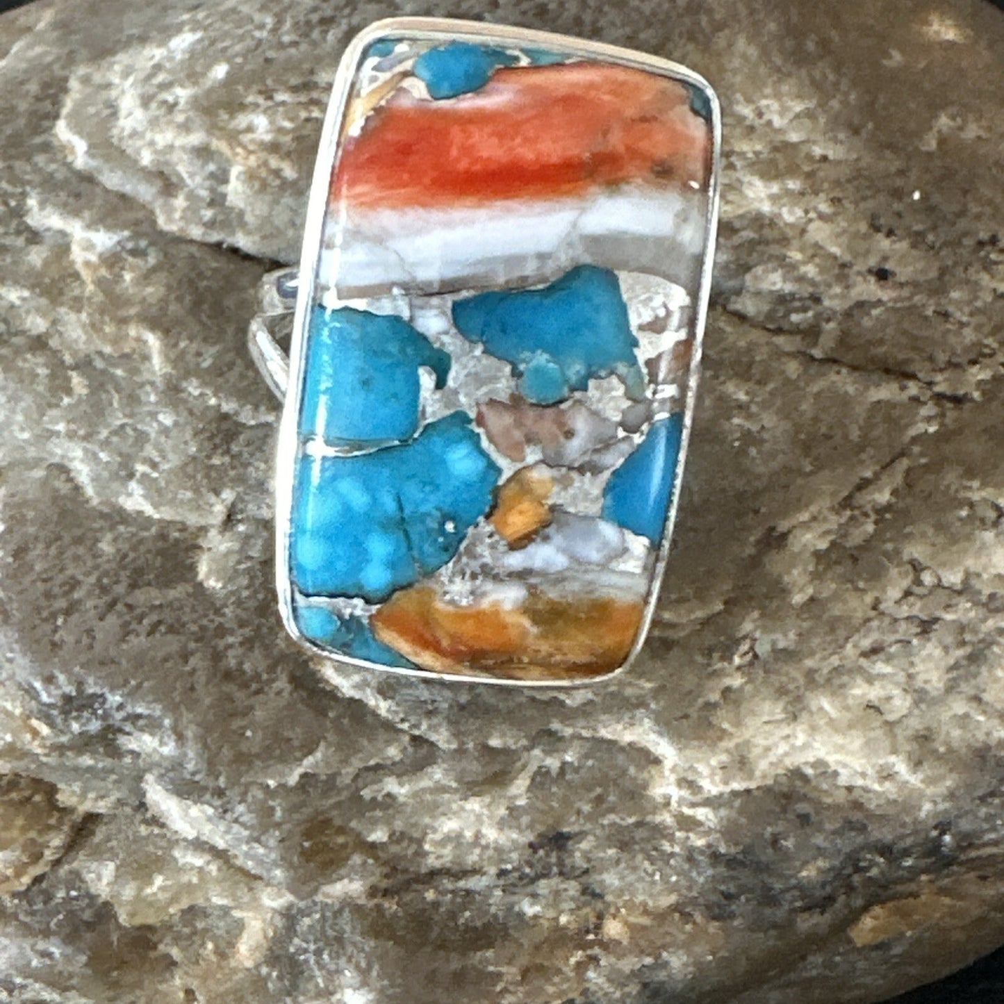 Blue Turquoise Orange Spiny Oyster Navajo Sterling Silver Ring Size 10 18246