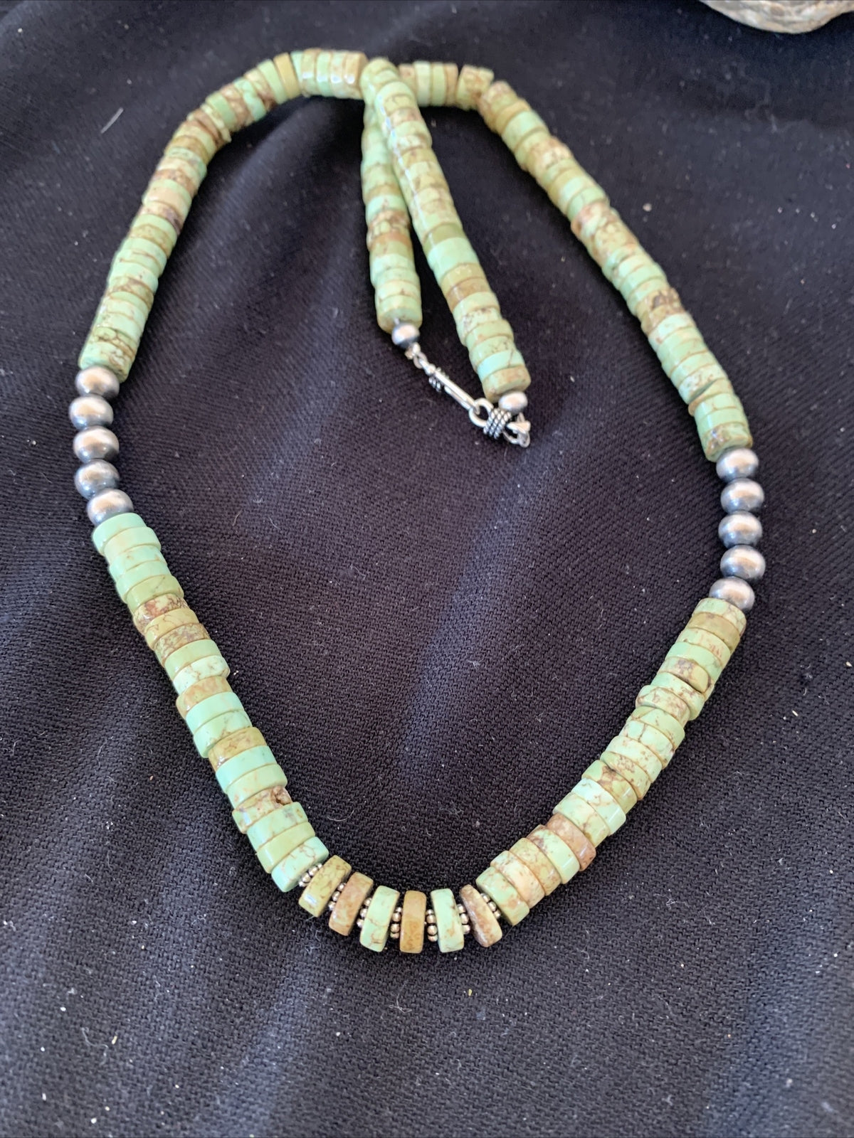 Green Turquoise Stabilized Heishi 8mm Navajo Pearls Sterling Silver Necklace 20"