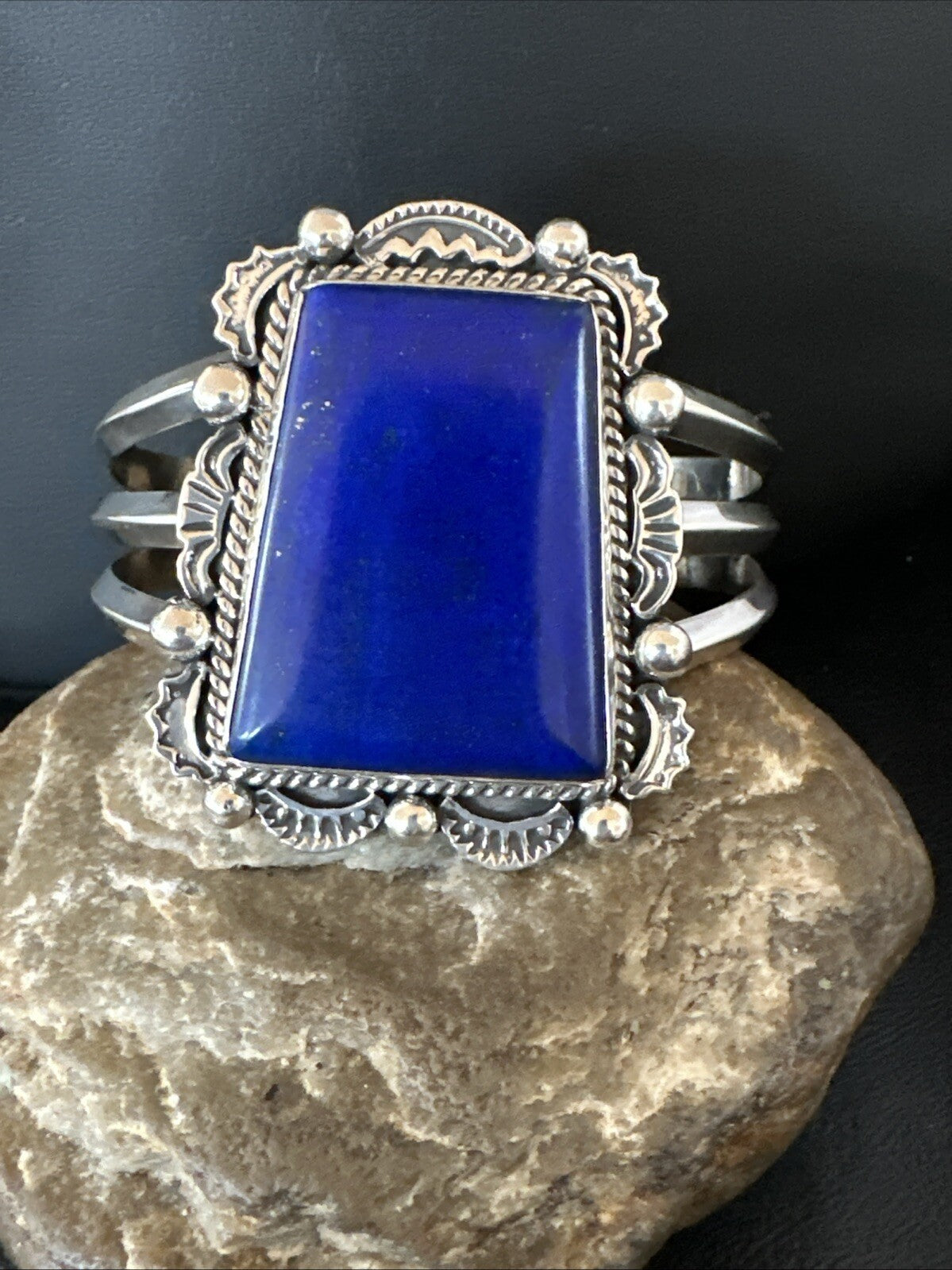Native Mens Blue Lapis Lazuli Sterling Silver Cuff Bracelet 8" 18602