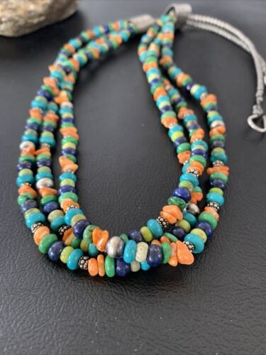 Multi-Color Green Turquoise Spiny Lapis Necklace Sterling Silver 01959