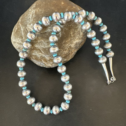Blue Turquoise 10mm Round Sterling Silver Beads Necklace 20” 92407