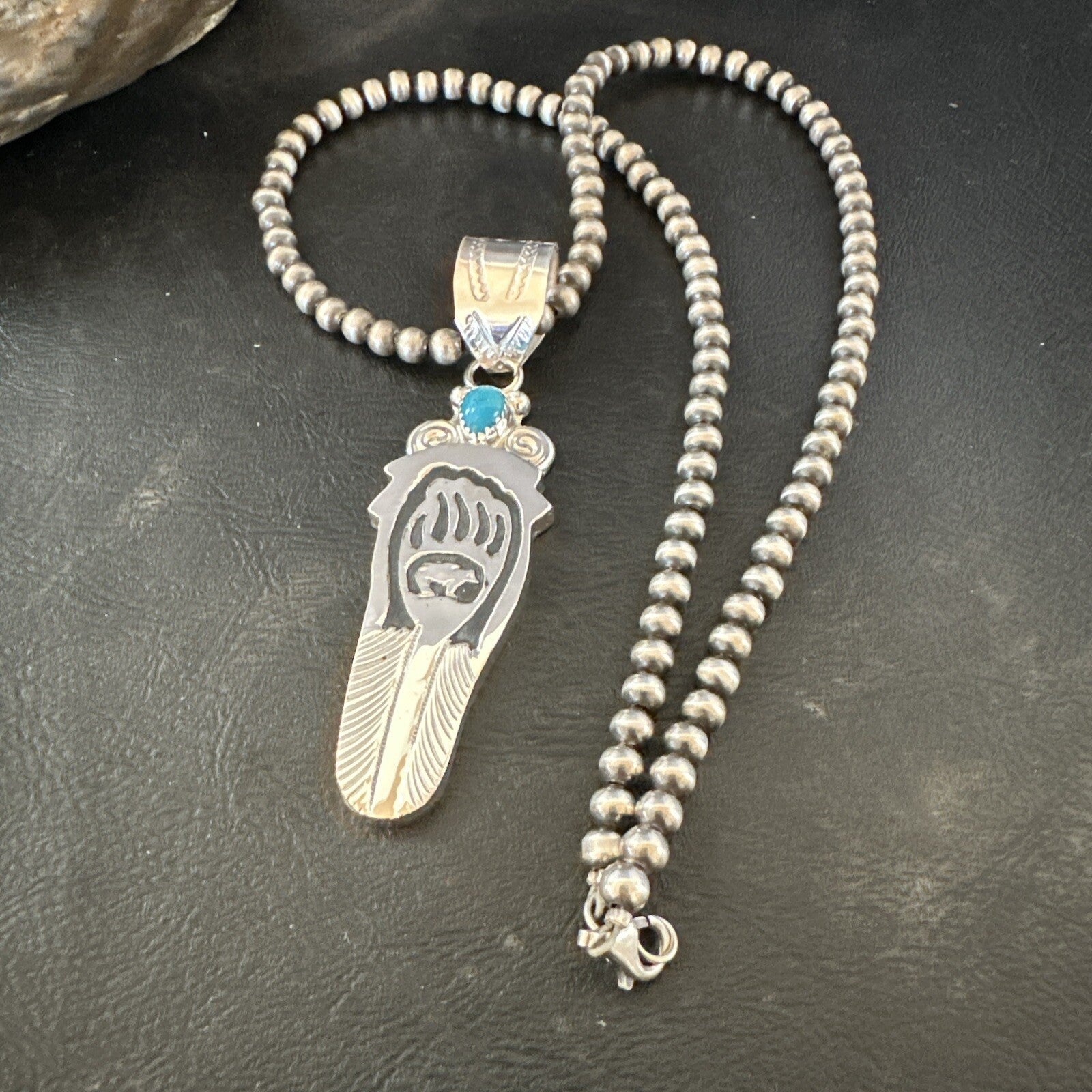 Feather BearPaw Navajo Sterling Silver Blue Turquoise Necklace Pendant 17813