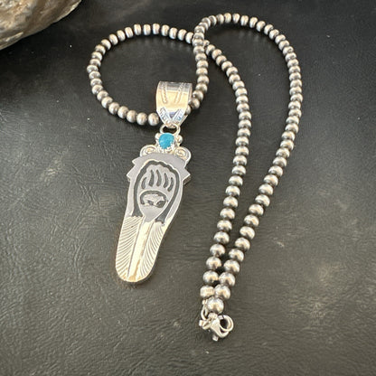 Feather BearPaw Navajo Sterling Silver Blue Turquoise Necklace Pendant 17813