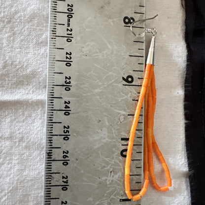 Orange Beads 2 Strands Heishi Liquid Sterling Silver Dangle Earrings 3” 19040