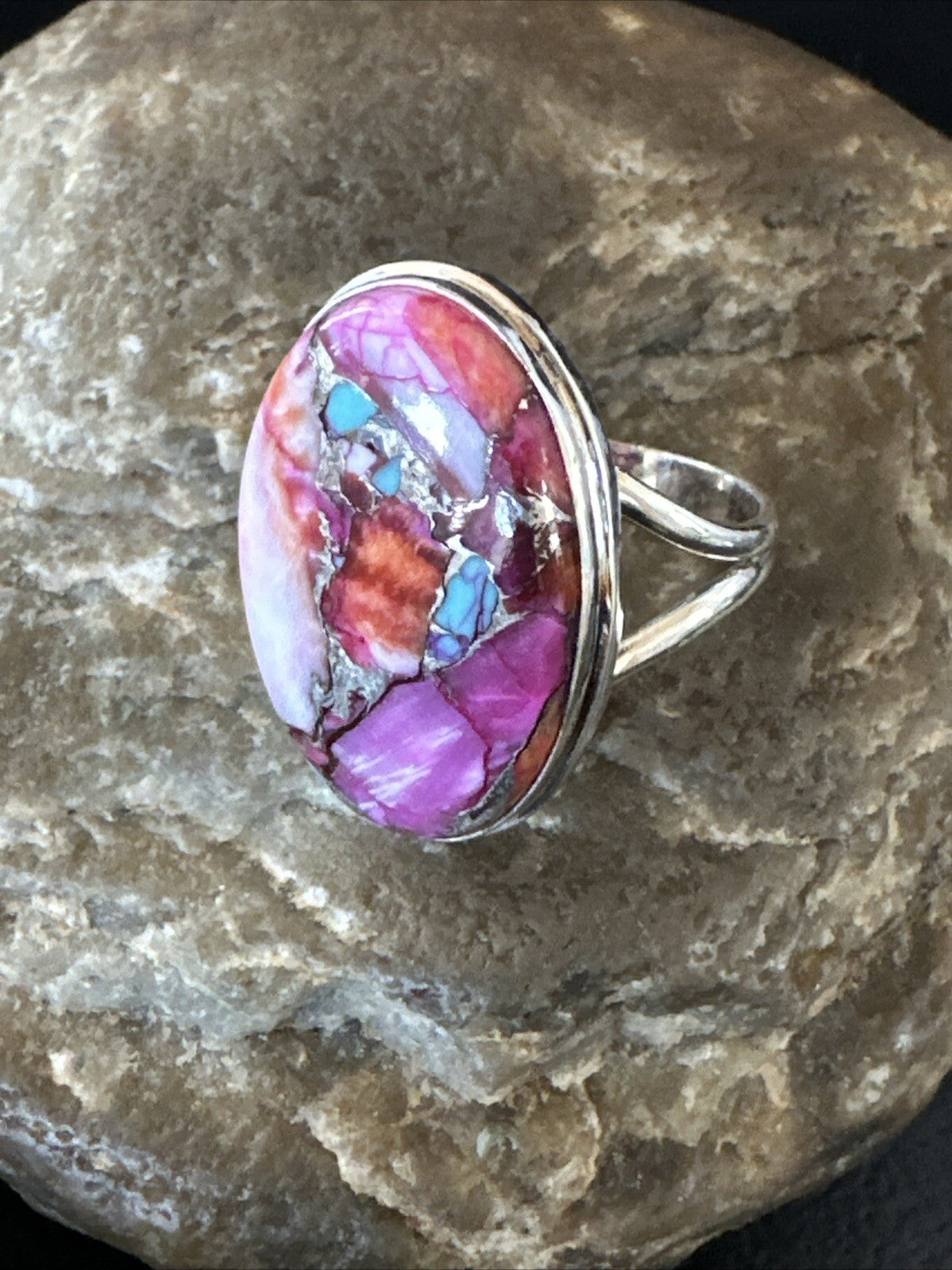 Blue Turquoise Purple Spiny Oyster Navajo Sterling Silver Ring Size 10 18203