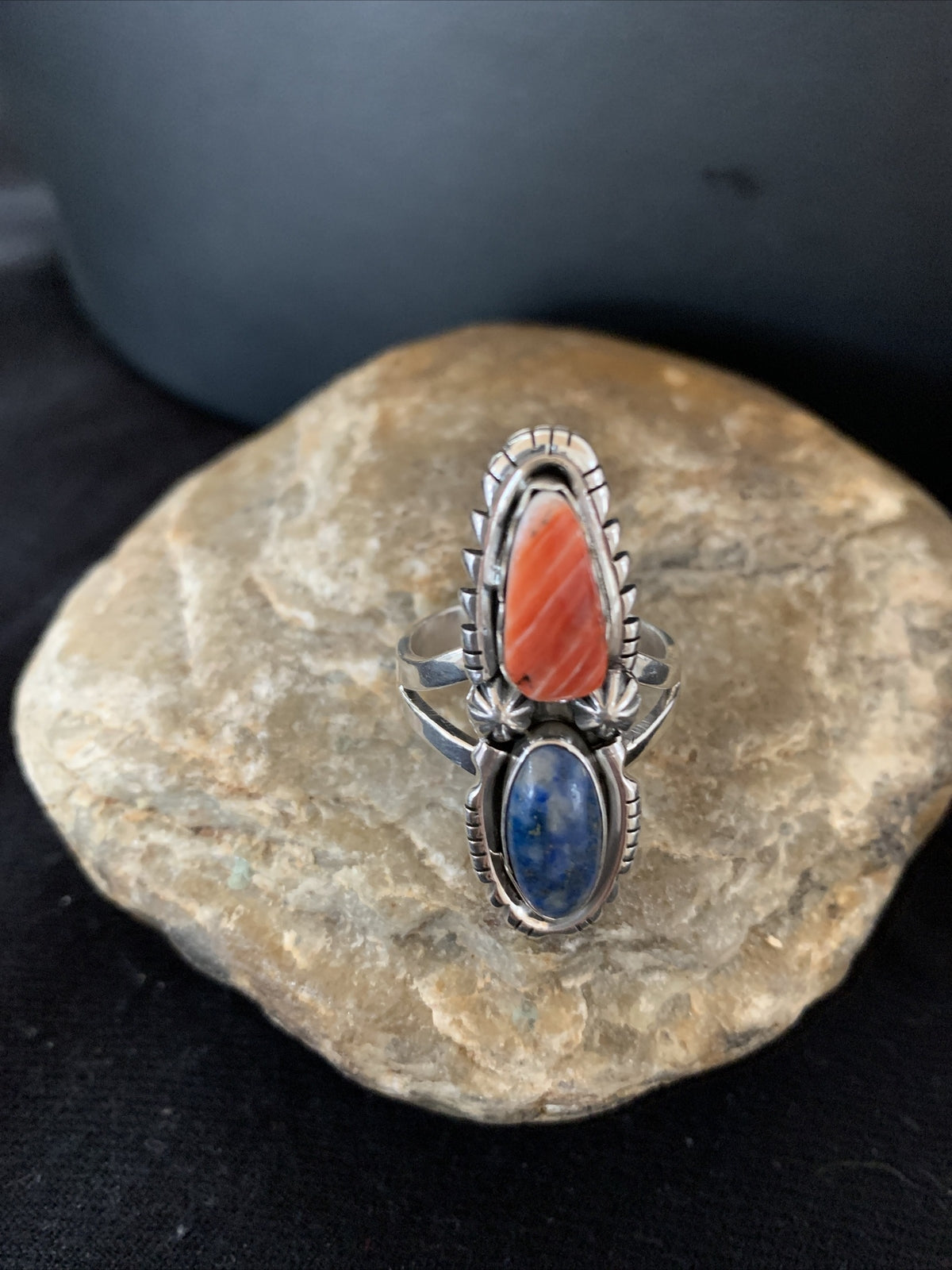 Red Spiny Oyster & Lapis Navajo Sterling Silver Ring Size 10.5 19763