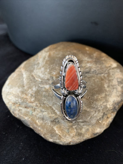 Red Spiny Oyster & Lapis Navajo Sterling Silver Ring Size 10.5 19763