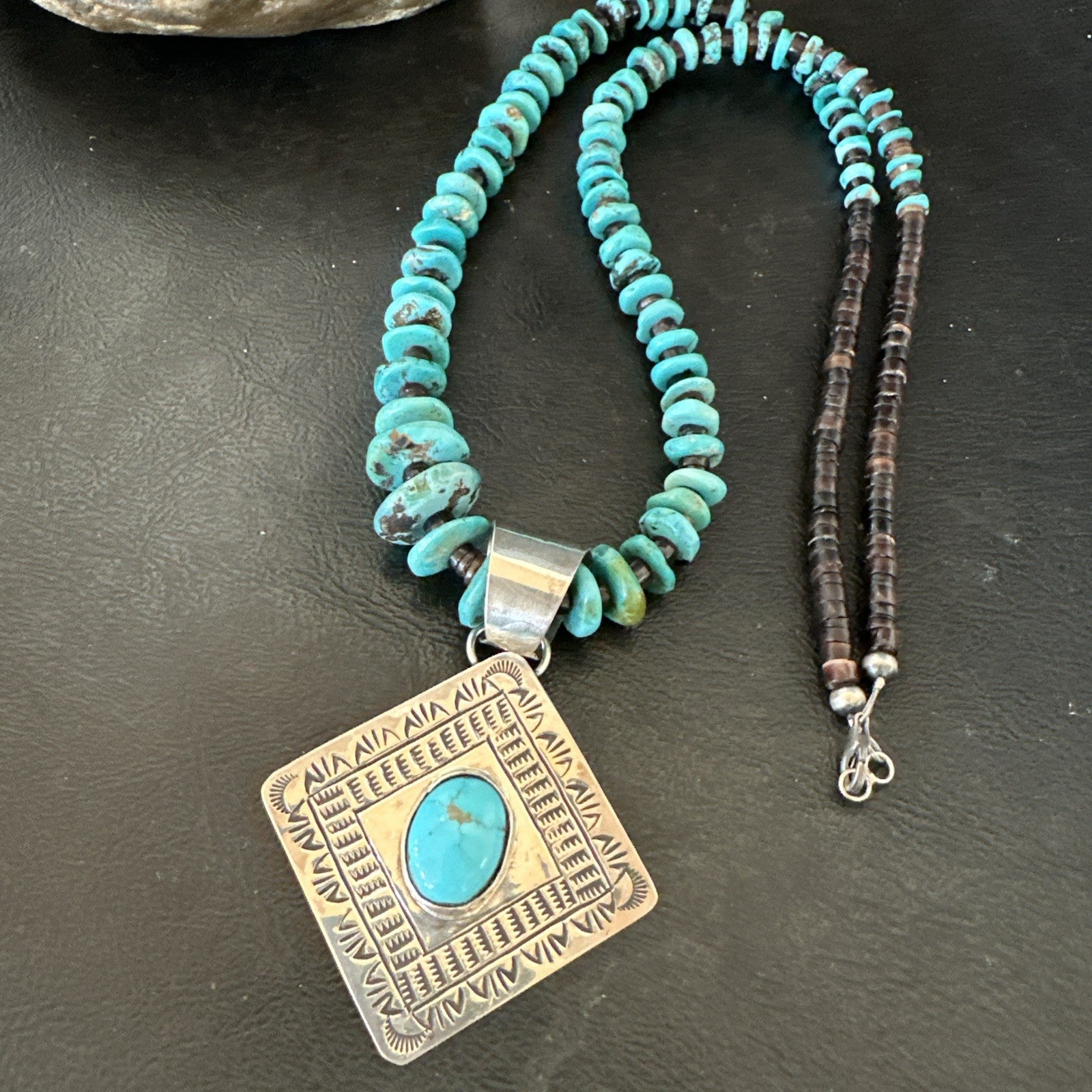 Navajo Blue Turquoise Stamped Pendant Shell Sterling Silver 29” Necklace 19704