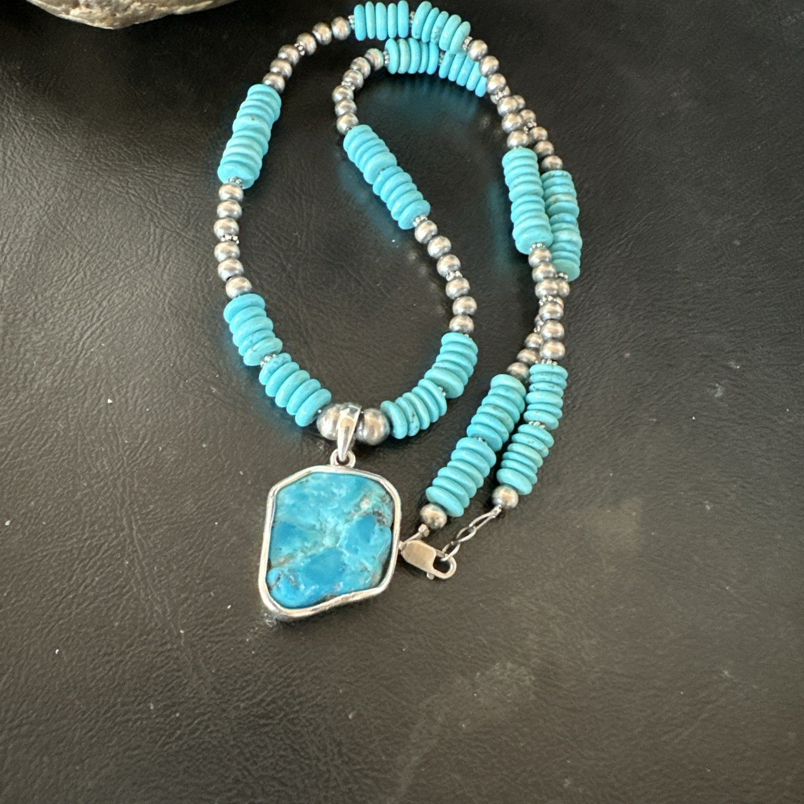 Blue Kingman Turquoise 2 Sided Pendant Navajo Sterling Native Necklace 20" 19516