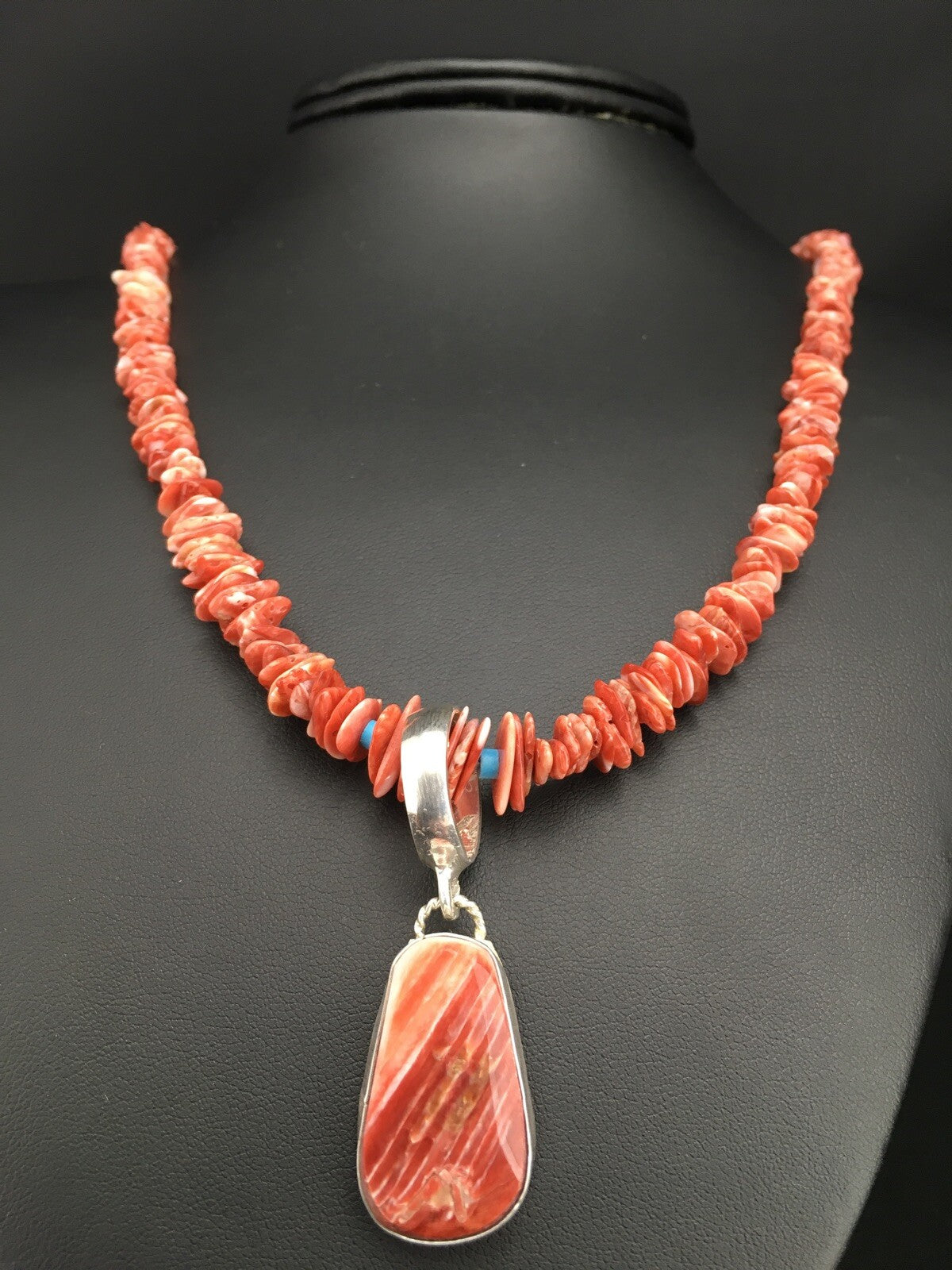 Spiny Oyster Pendant Turquoise Navajo Sterling Silver Beads Necklace 04890