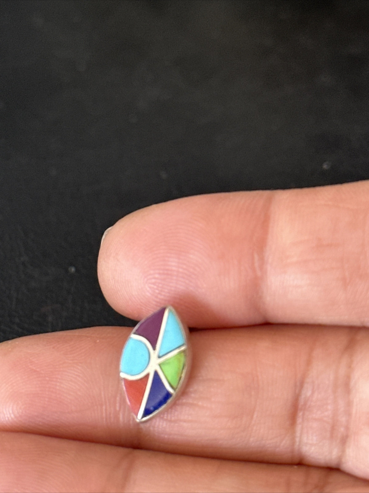 Blue Turquoise & Spiny Oyster Navajo Sterling Silver Inlay Earrings 0.5" 14767