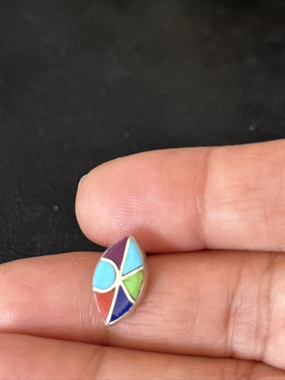 Blue Turquoise & Spiny Oyster Navajo Sterling Silver Inlay Earrings 0.5" 14767