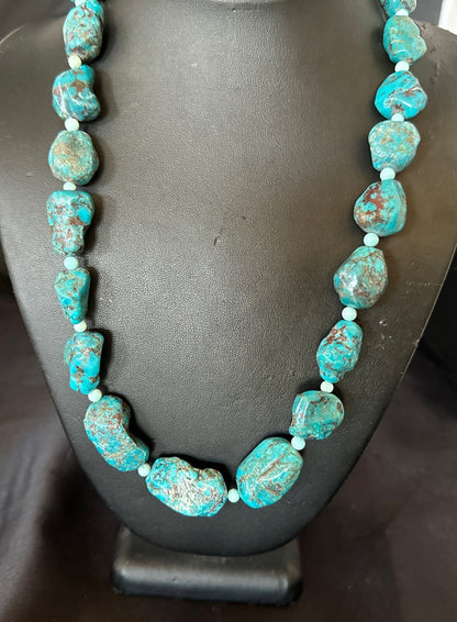 Blue Turquoise Chunky Nugget Navajo Sterling Silver Necklace 22” 18303