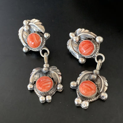 Red Spiny Oyster Southwestrn Navajo Sterling Silver Dangle Earring 02066