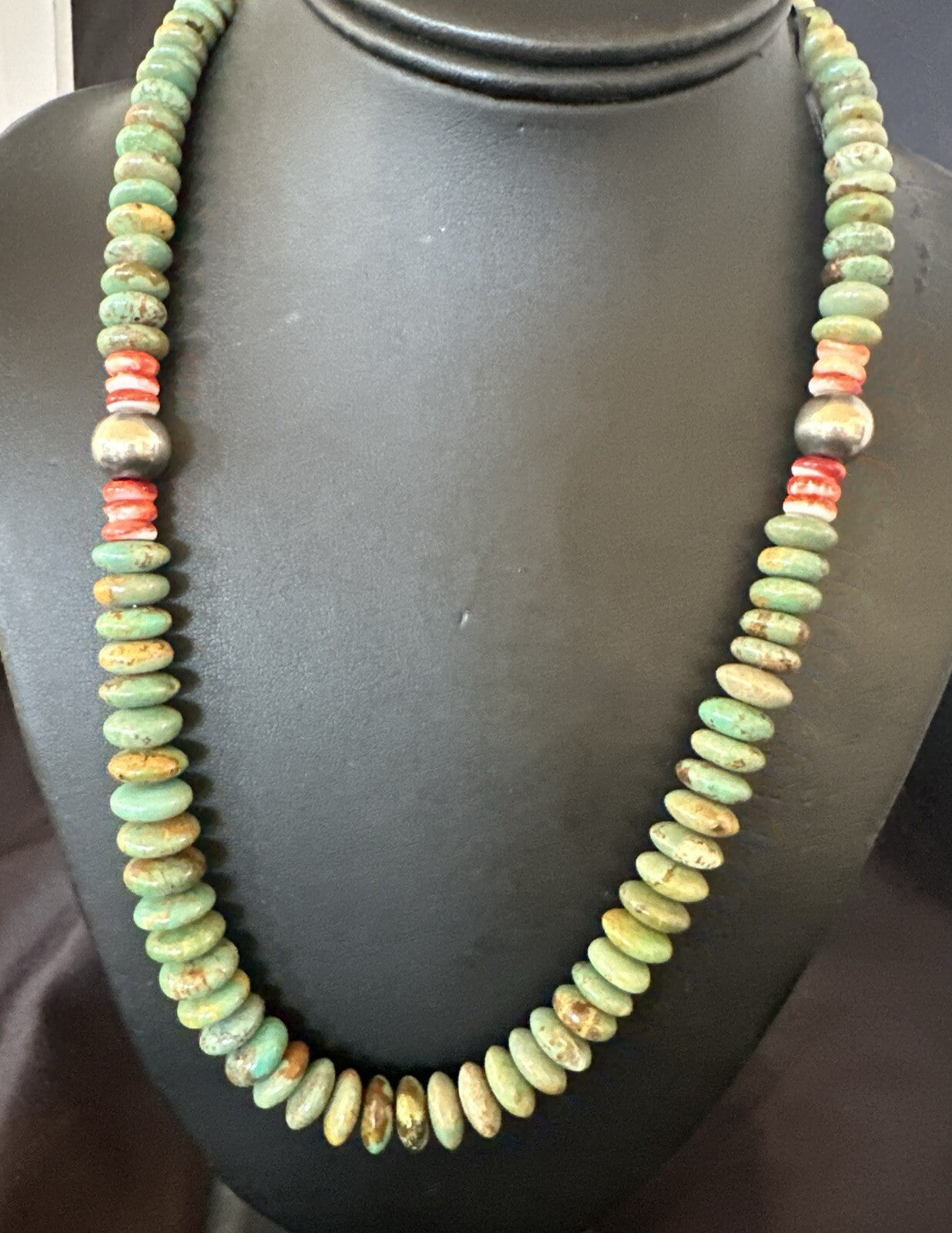 Green Turquoise Red Spiny Oyster Navajo Sterling Silver Necklace 21" 18360
