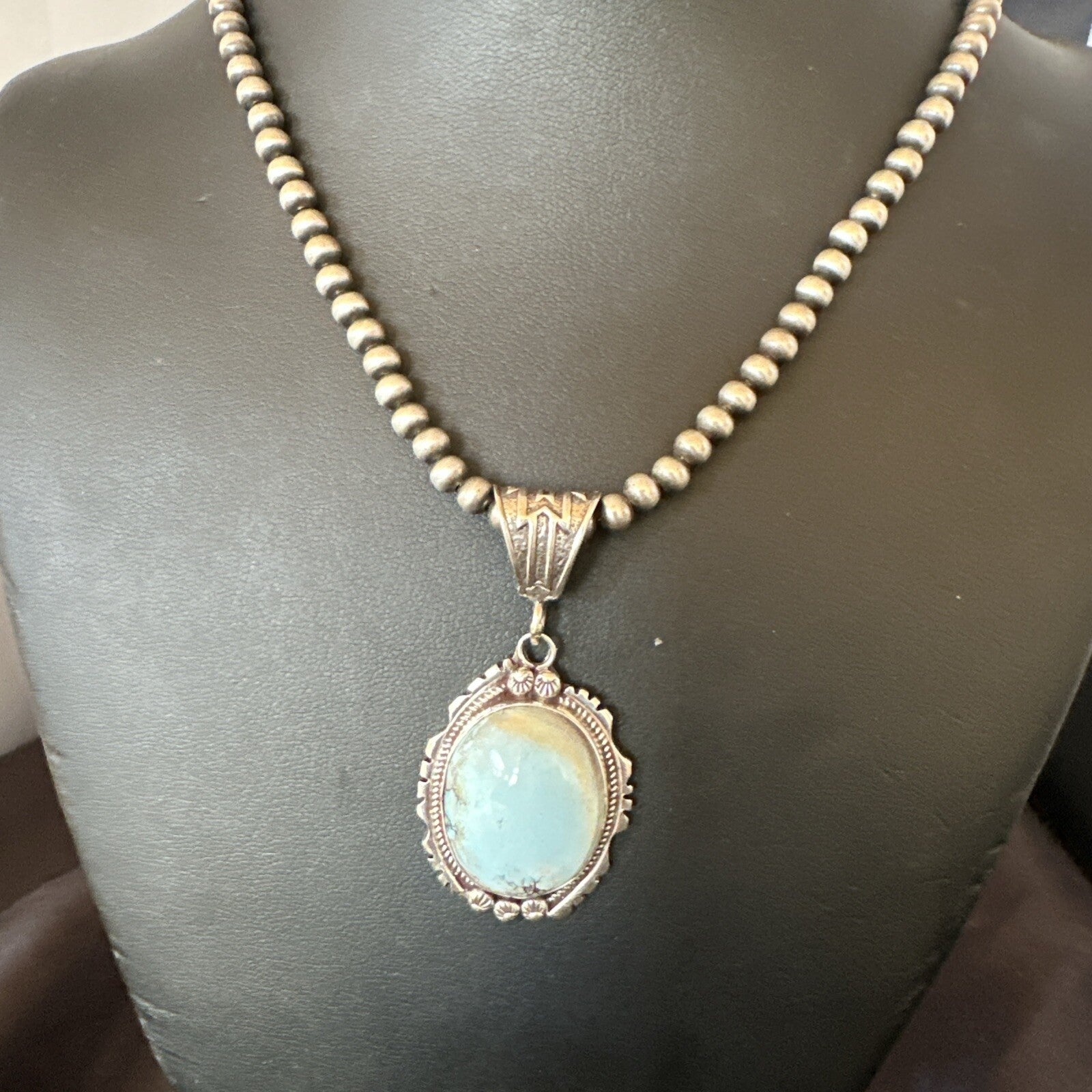 Mens Blue Dry Creek Turquoise Pendant Navajo Pearls Sterling Necklace 18681