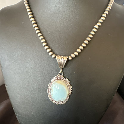Mens Blue Dry Creek Turquoise Pendant Navajo Pearls Sterling Necklace 18681