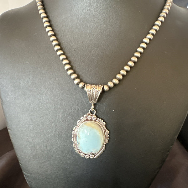 Men's Blue Dry Creek Turquoise Pendant Navajo Pearls Necklace | Sterling Silver | Authentic Native American Handmade | 18681