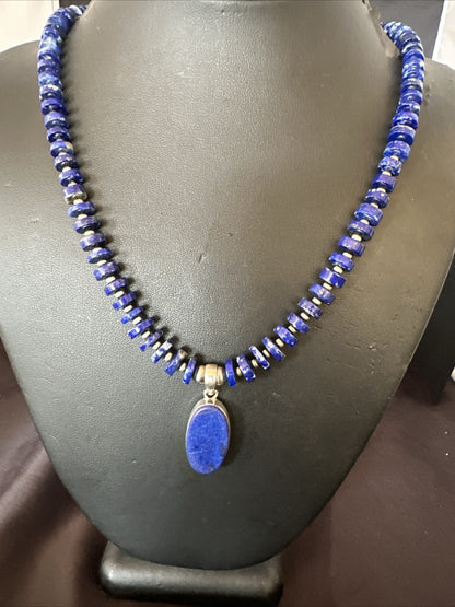 Mens Womens Blue Lapis Lazuli Navajo Sterling Silver Pendant Necklace 22” 18338
