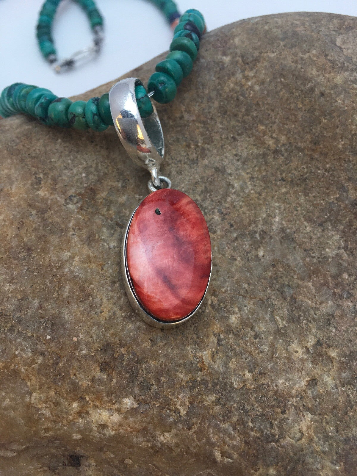 Turquoise & Spiny Oyster Pendant Pueblo Sterling Silver Necklace 08910
