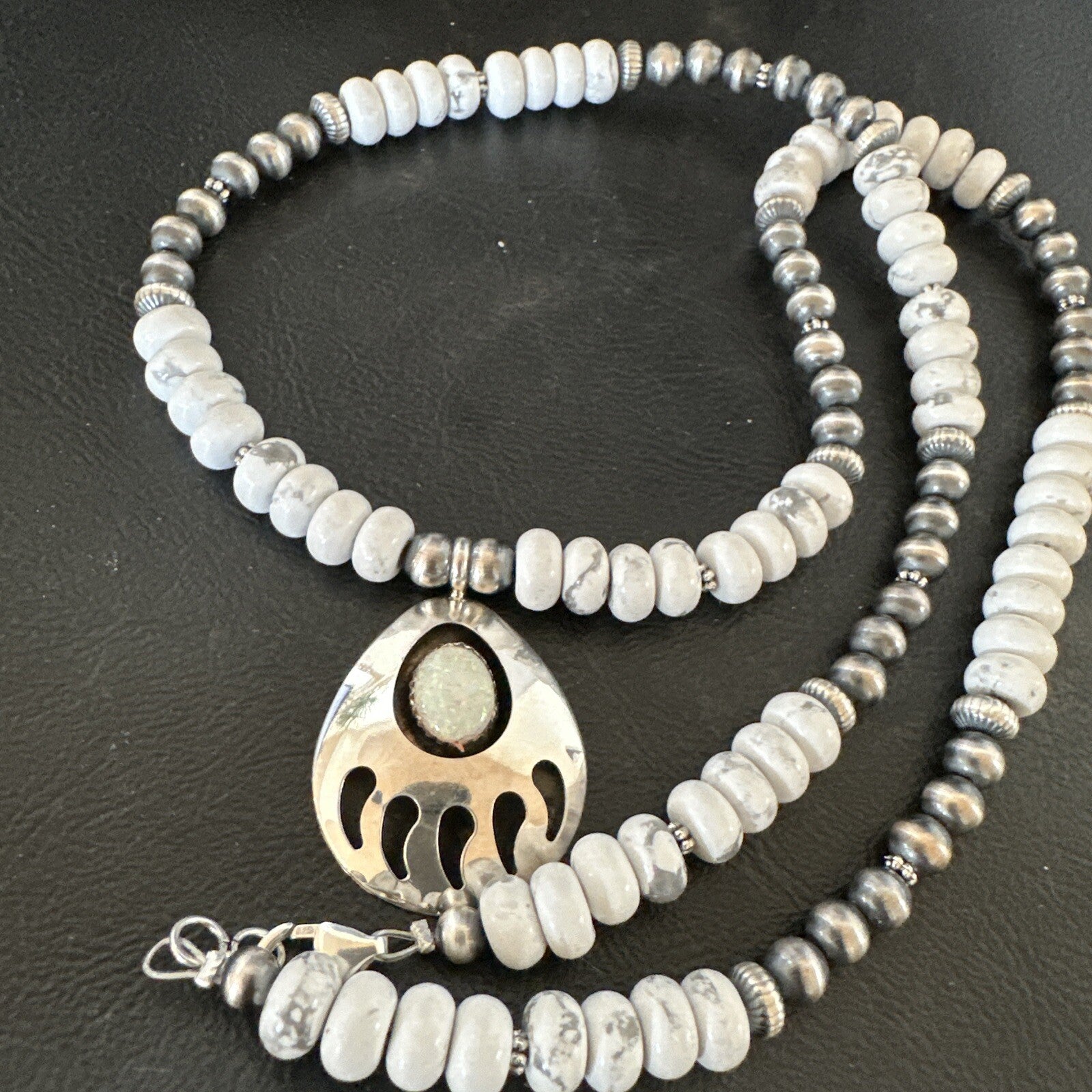 Mens White Opal BearPaw Pendant Navajo Howlite Sterling Silver Necklace 17884