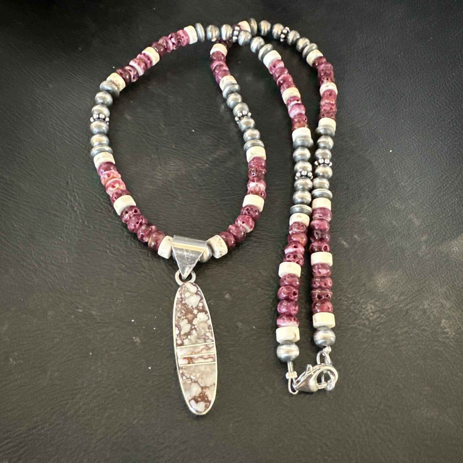 Purple Spiny Oyster Wild Horse Pendant Navajo Sterling Silver Necklace 17796