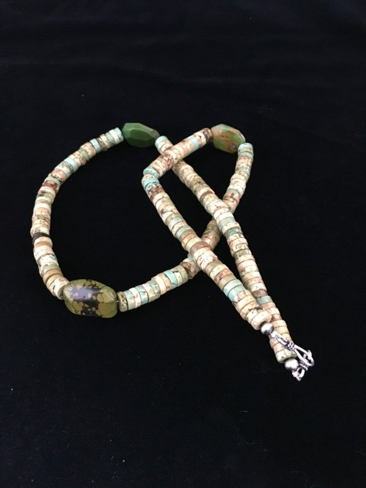 Mens Chunky Green Turquoise Navajo Sterling Silver Heishi Necklace 1797