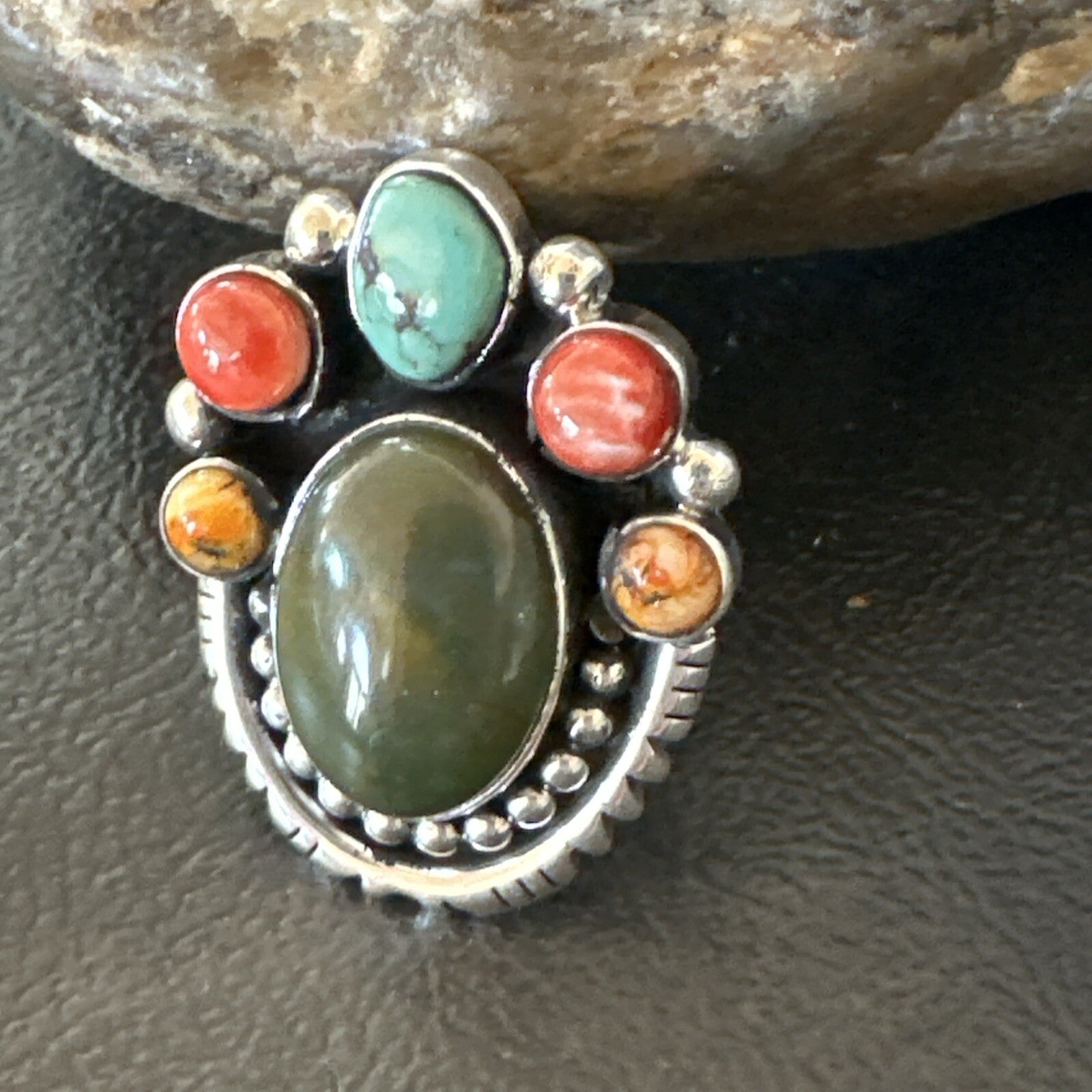 Cluster Blue Turquoise Spiny Oyster Sterling Silver Ring Size 8 18567