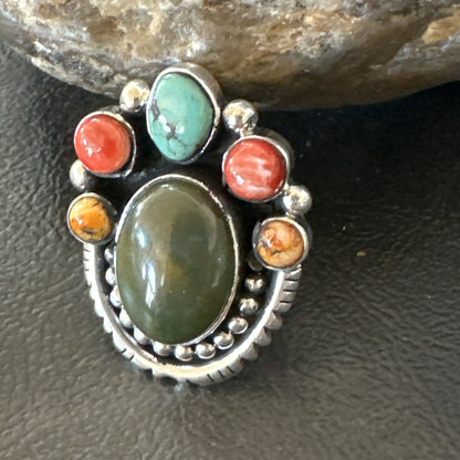Cluster Blue Turquoise Spiny Oyster Sterling Silver Ring Size 8 18567