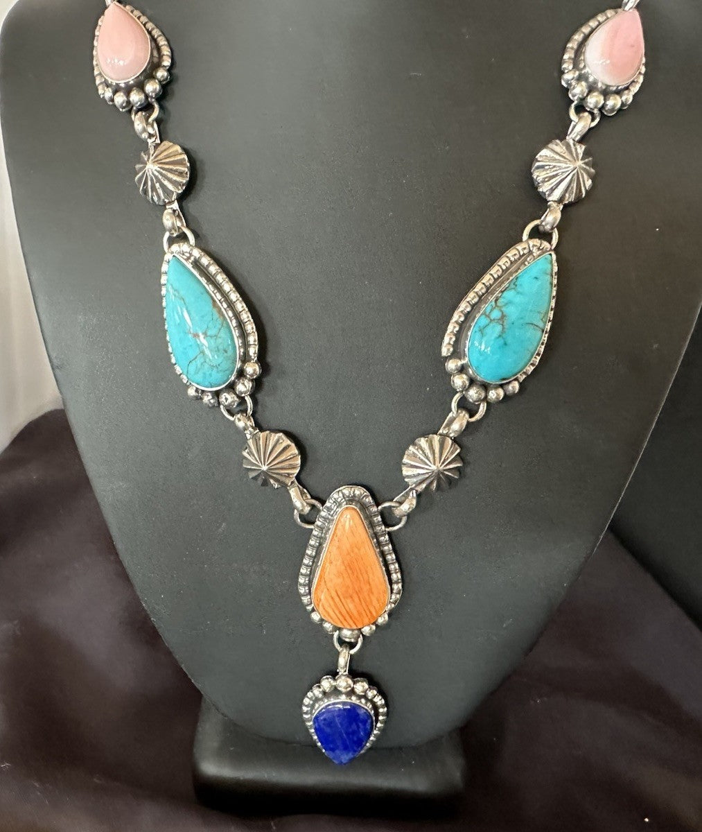 Multicolor Spiny Lapis Pendant Navajo Sterling Silver Lariat Necklace 28" 19439