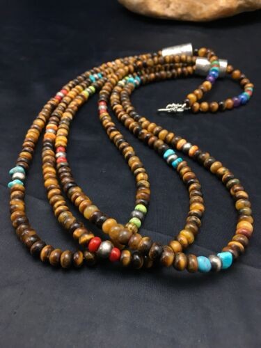 Navajo Tiger's Eye & Turquoise 3 Strand Necklace Sterling Silver 26" 4174