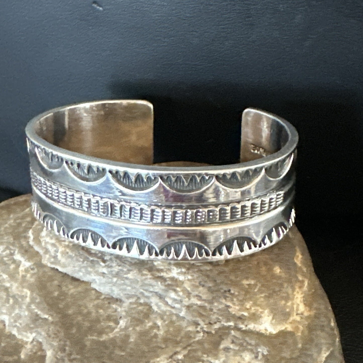 Stamped Cuff Bracelet Native American Navajo Sterling Silver 18042