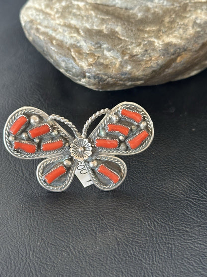 Red Coral Butterfly Sterling Silver Cluster Navajo Ring Size 8 00987