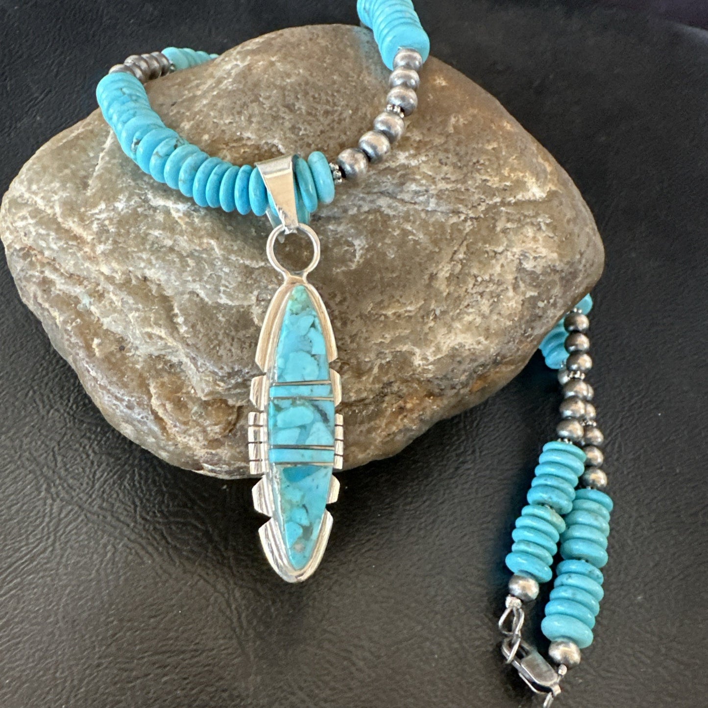 Blue Turquoise Inlay Pendant Navajo Sterling Native American Necklace 20" 19510