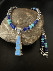 Men's Blue Turquoise Lapis Opal Pendant Navajo Necklace 20" | Sterling Silver | Authentic Native American Handmade | 17896