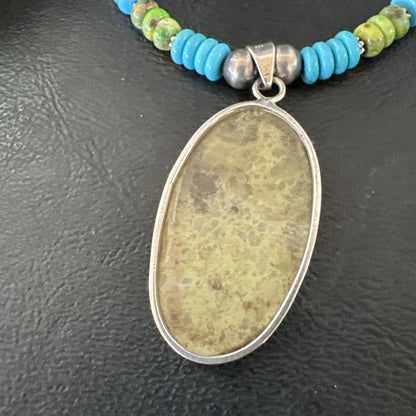 Green Gaspeite Pendant Blue Turquoise Navajo Sterling Silver Necklace 20" 19671