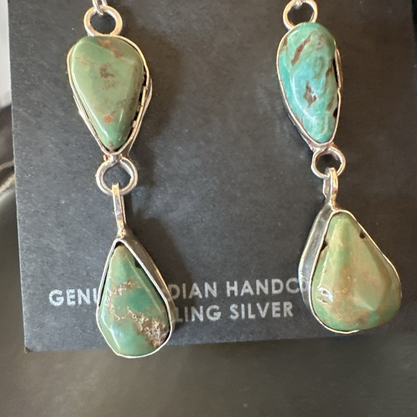 Green Royston Turquoise Navajo Sterling Silver Dangle Earrings 19416