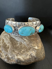 Men's Blue Kingman Turquoise Navajo Cuff Bracelet 7.5" | Sterling Silver | Authentic Native American Handmade | 19430